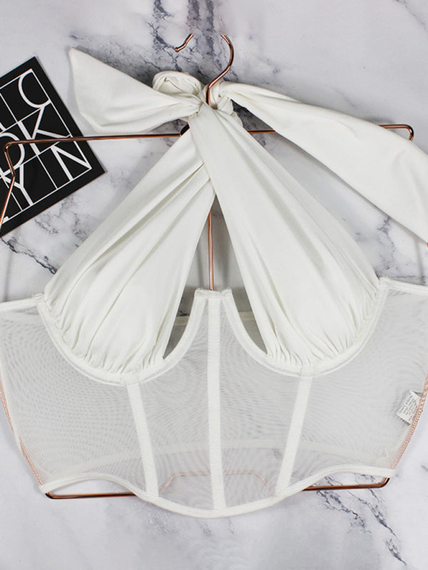 Beautiful chest mesh strap sexy hot girl hanging neck tube top sexy lingerie - White / S