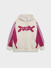 BEIGE AND MAGENTA UNISEX ZIP-UP HOODIE WITH EMBROIDERED LETTERS