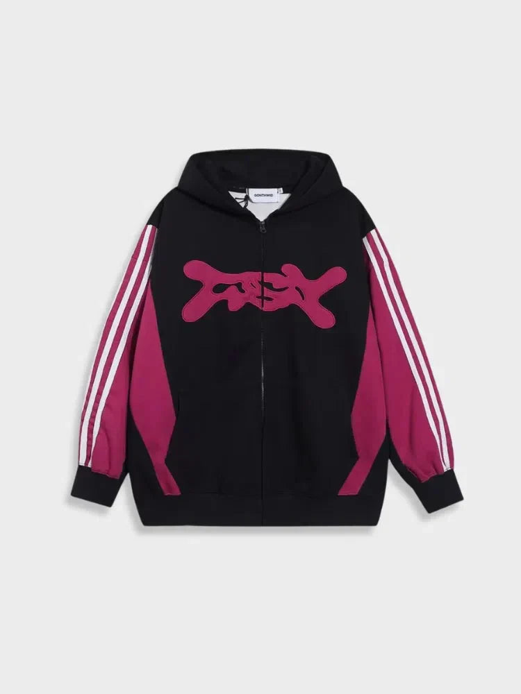 BEIGE AND MAGENTA UNISEX ZIP-UP HOODIE WITH EMBROIDERED LETTERS