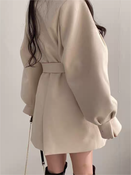 BEIGE BELTED TRENCH COAT WITH LAPEL COLLAR AND PUFF SLEEVES