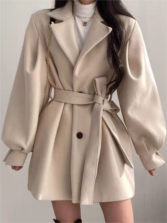 BEIGE BELTED TRENCH COAT WITH LAPEL COLLAR AND PUFF SLEEVES