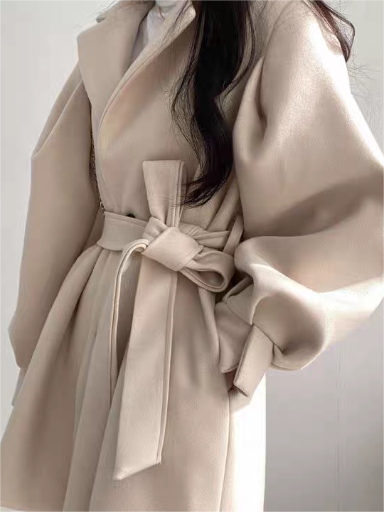 BEIGE BELTED TRENCH COAT WITH LAPEL COLLAR AND PUFF SLEEVES