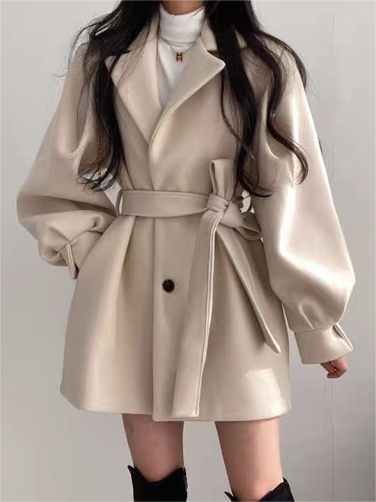 BEIGE BELTED TRENCH COAT WITH LAPEL COLLAR AND PUFF SLEEVES