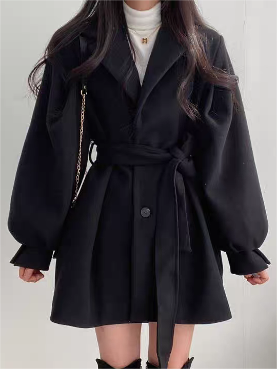 BEIGE BELTED TRENCH COAT WITH LAPEL COLLAR AND SLIM FIT DESIGN
