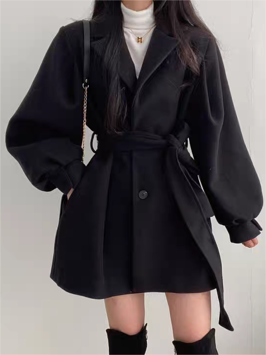 BEIGE BELTED TRENCH COAT WITH LAPEL COLLAR AND SLIM FIT DESIGN