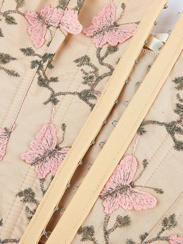 BEIGE CORSET WITH PINK BUTTERFLY EMBROIDERY CASUAL STREET STYLE
