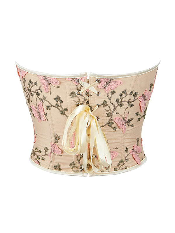 BEIGE CORSET WITH PINK BUTTERFLY EMBROIDERY CASUAL STREET STYLE