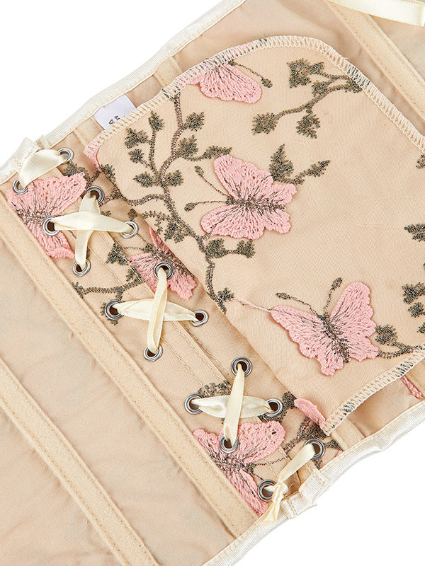BEIGE CORSET WITH PINK BUTTERFLY EMBROIDERY CASUAL STREET STYLE