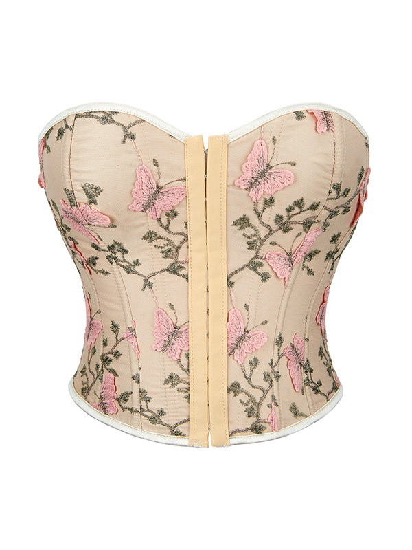 BEIGE CORSET WITH PINK BUTTERFLY EMBROIDERY SLIM FIT SLEEVELESS DESIGN