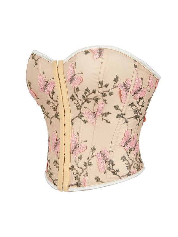 BEIGE CORSET WITH PINK BUTTERFLY EMBROIDERY SLIM FIT SLEEVELESS DESIGN