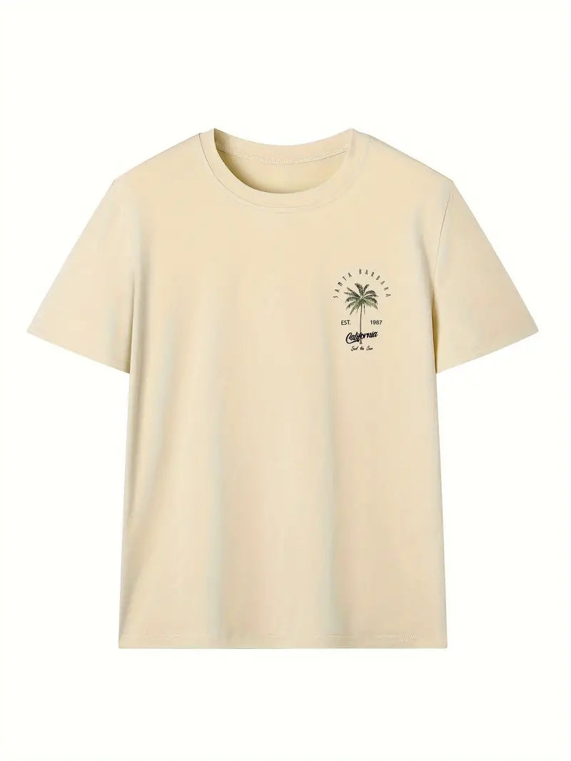 BEIGE CREW NECK T-SHIRT WITH COCONUT TREE PRINT