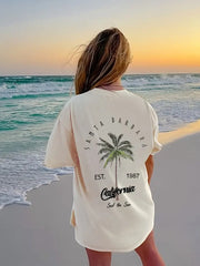 BEIGE CREW NECK T-SHIRT WITH COCONUT TREE PRINT