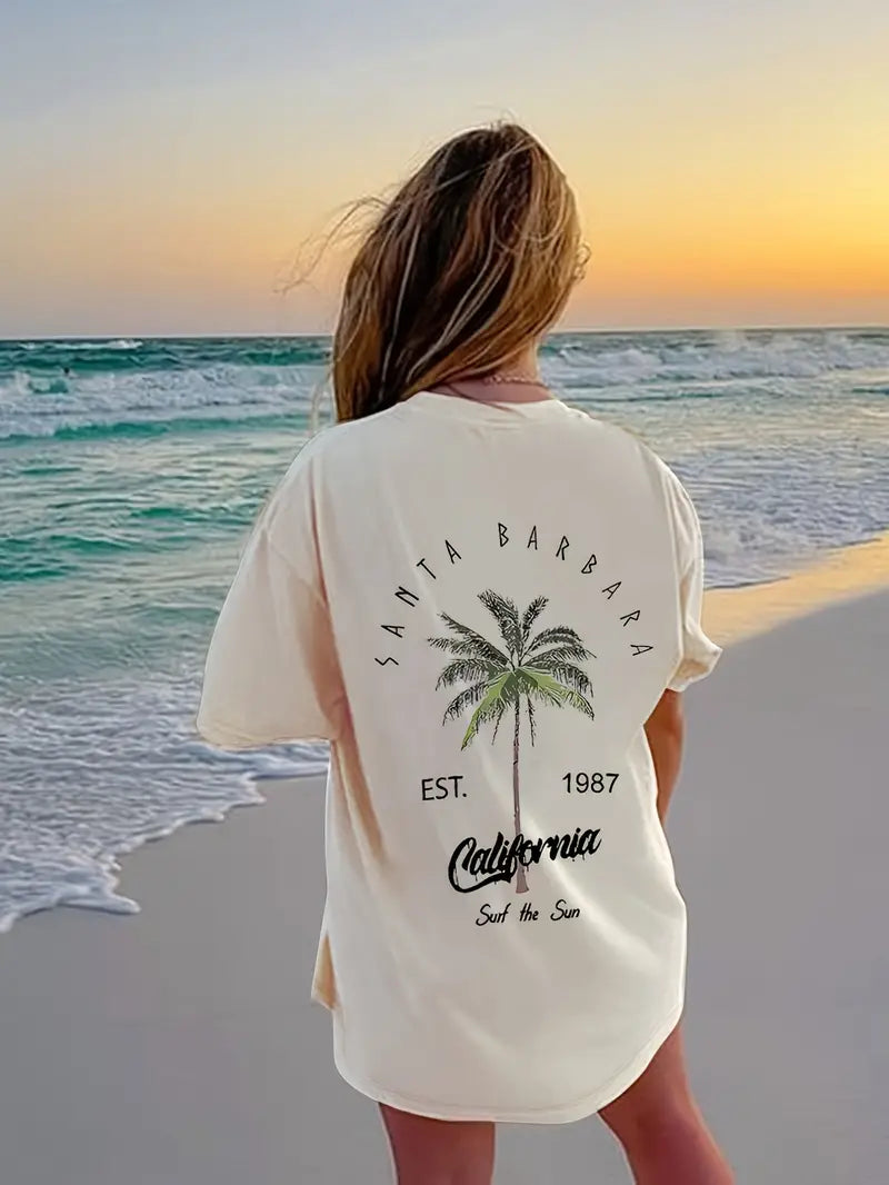 BEIGE CREW NECK T-SHIRT WITH COCONUT TREE PRINT
