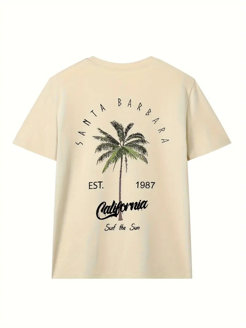 BEIGE CREW NECK T-SHIRT WITH COCONUT TREE PRINT