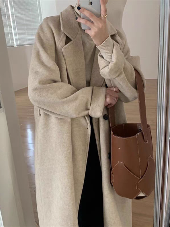 BEIGE DOUBLE-BREASTED OVERSIZE LONG COAT CLASSIC OVERSIZE LONG