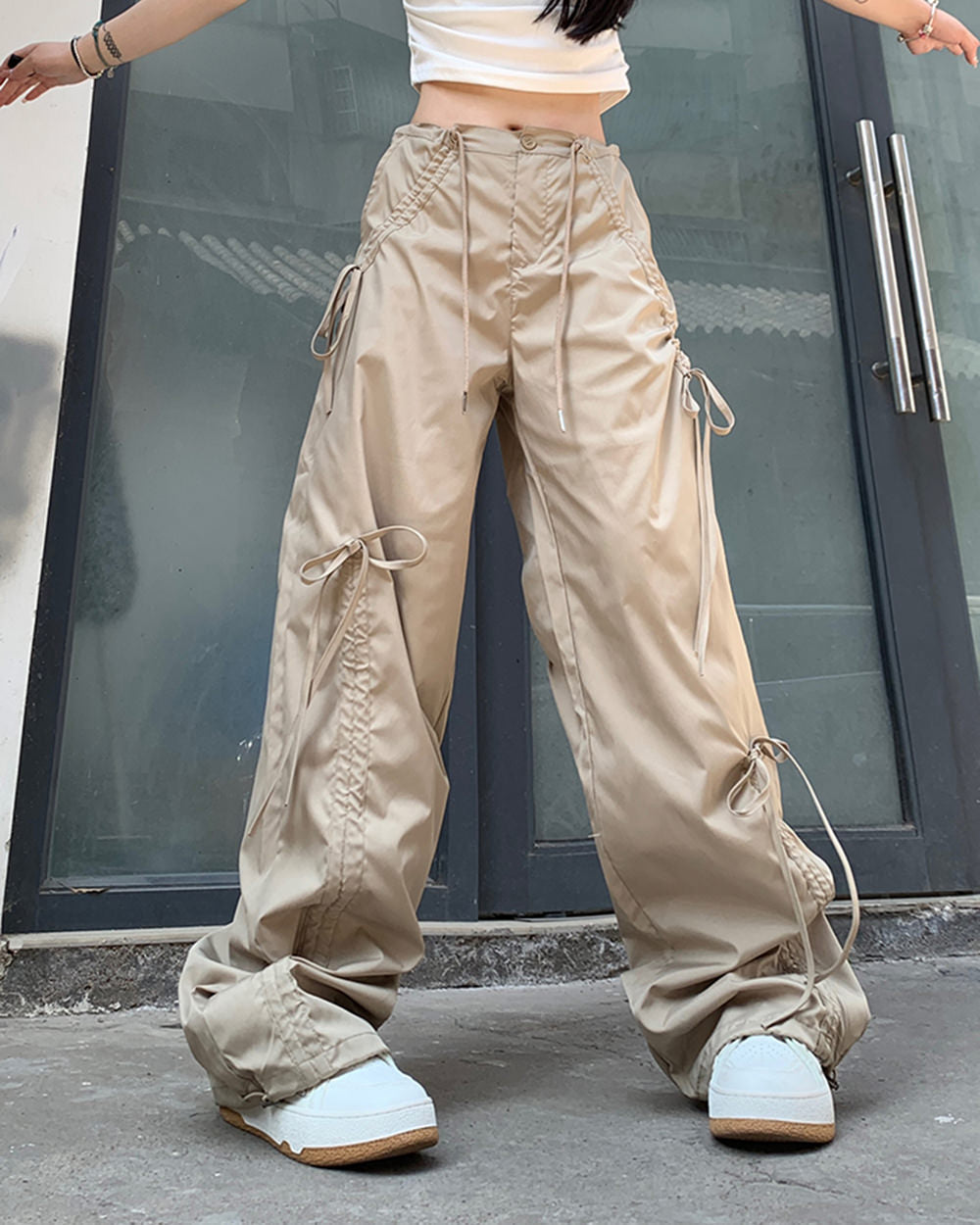 BEIGE DRAWSTRING WIDE-LEG CARGO PANTS