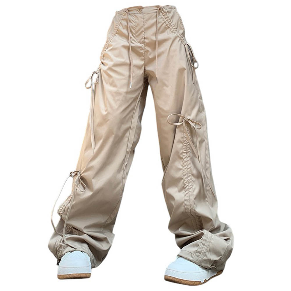 BEIGE DRAWSTRING WIDE-LEG CARGO PANTS
