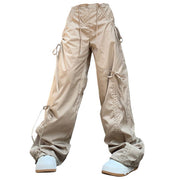 BEIGE DRAWSTRING WIDE-LEG CARGO PANTS