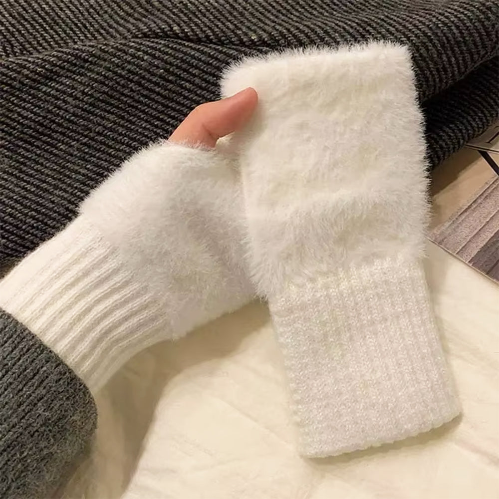 BEIGE FINGERLESS GLOVES HIGH-QUALITY ACRYLIC FLUFFY ARM WARMERS