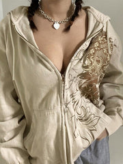 BEIGE FLORAL GRAPHIC ZIPPER HOODIE WITH BROWN DESIGN