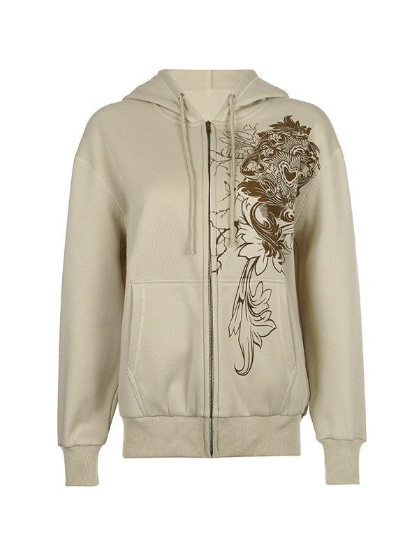 BEIGE FLORAL GRAPHIC ZIPPER HOODIE WITH BROWN DESIGN