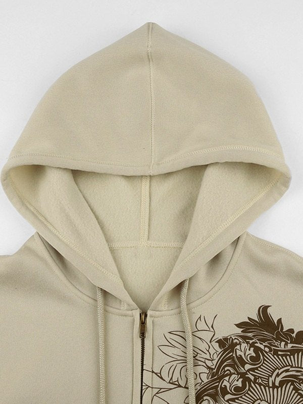 BEIGE FLORAL GRAPHIC ZIPPER HOODIE WITH BROWN DESIGN