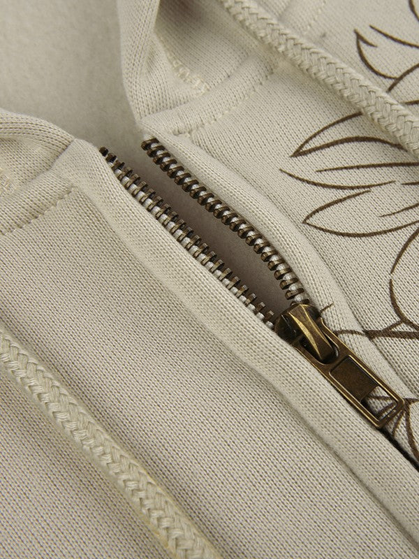 BEIGE FLORAL GRAPHIC ZIPPER HOODIE WITH BROWN DESIGN
