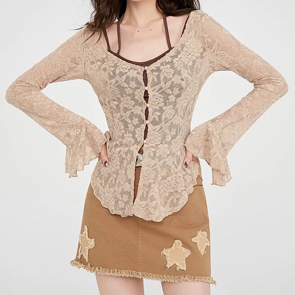BEIGE FLORAL LACE FLARE SLEEVE TOP PERFECT FIT