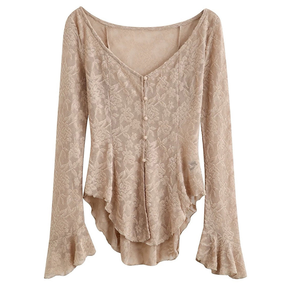 BEIGE FLORAL LACE FLARE SLEEVE TOP PERFECT FIT