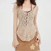 BEIGE FLORAL LACE FLARE SLEEVE TOP PERFECT FIT