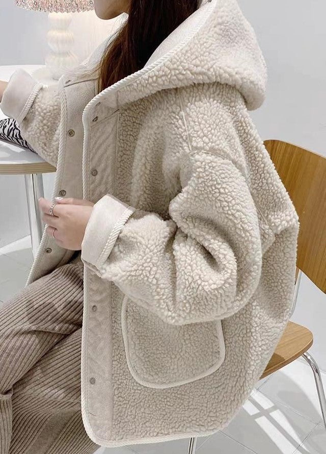 BEIGE HOODED SHERPA JACKET FOR COOL WEATHER AND WARM LOOSE FIT