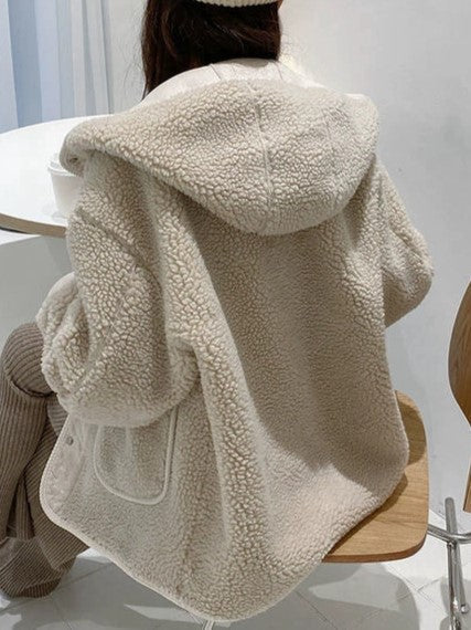 BEIGE HOODED SHERPA JACKET FOR COOL WEATHER AND WARM LOOSE FIT