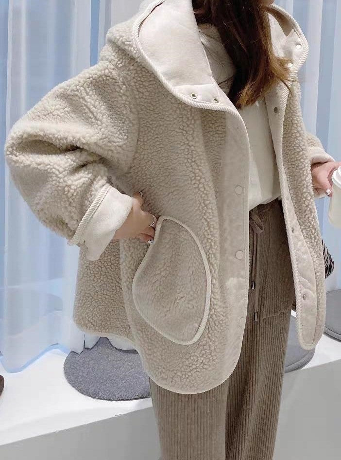 BEIGE HOODED SHERPA JACKET FOR COOL WEATHER AND WARM LOOSE FIT