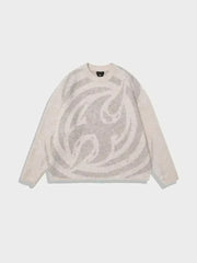 BEIGE KNIT SWEATER WITH ABSTRACT DESIGN - Y2K WOOL SWEATER