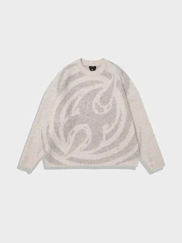 BEIGE KNIT SWEATER WITH ABSTRACT DESIGN - Y2K WOOL SWEATER