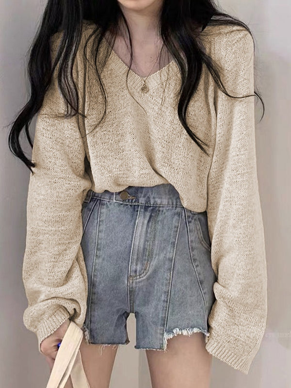 BEIGE KNIT V-NECK SWEATER WITH VINTAGE CHARM