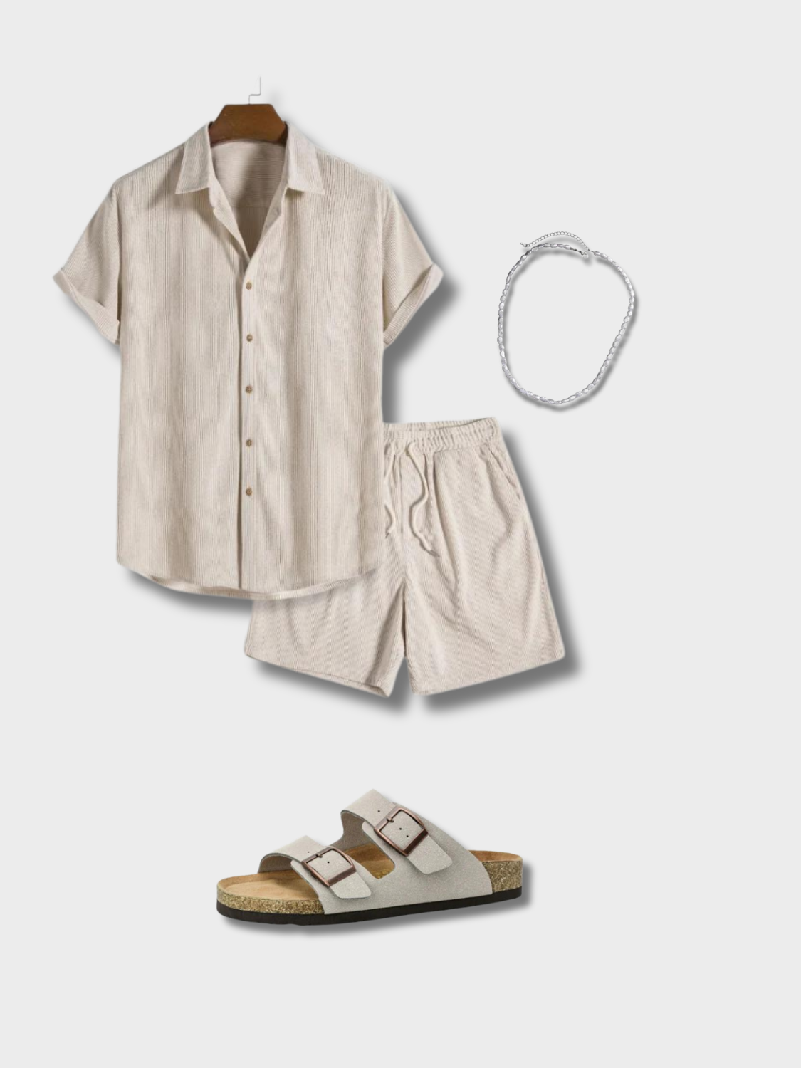 BEIGE LINEN SHIRT AND SHORTS OUTFIT SUMMER SET IN CORDUROY STYLE