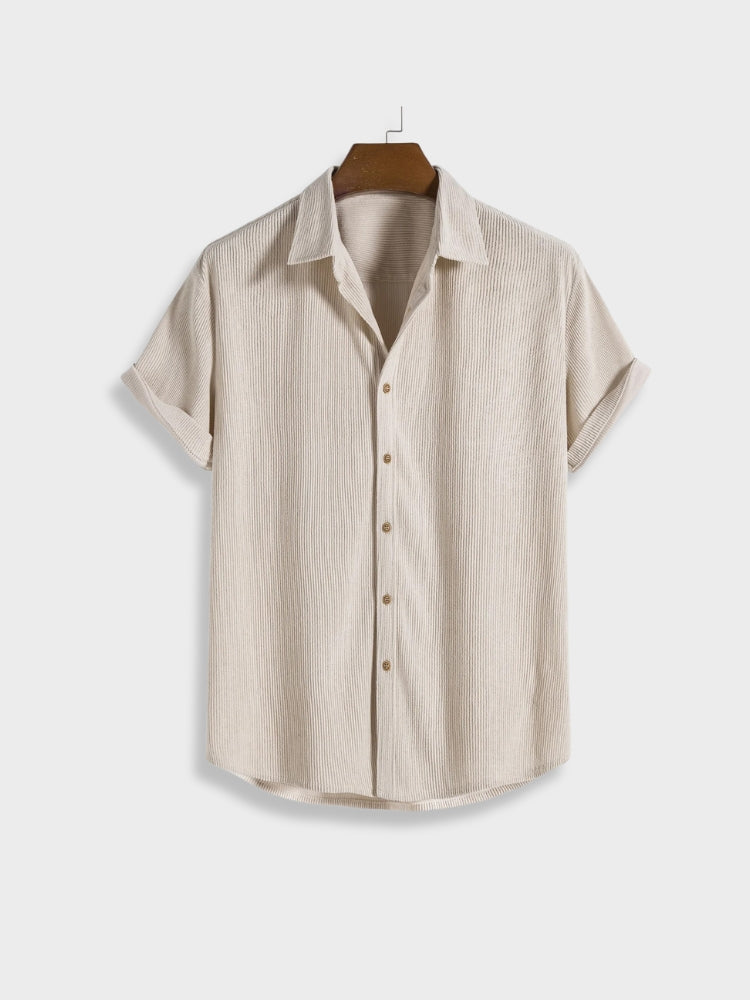 BEIGE LINEN SHIRT AND SHORTS OUTFIT SUMMER SET IN CORDUROY STYLE