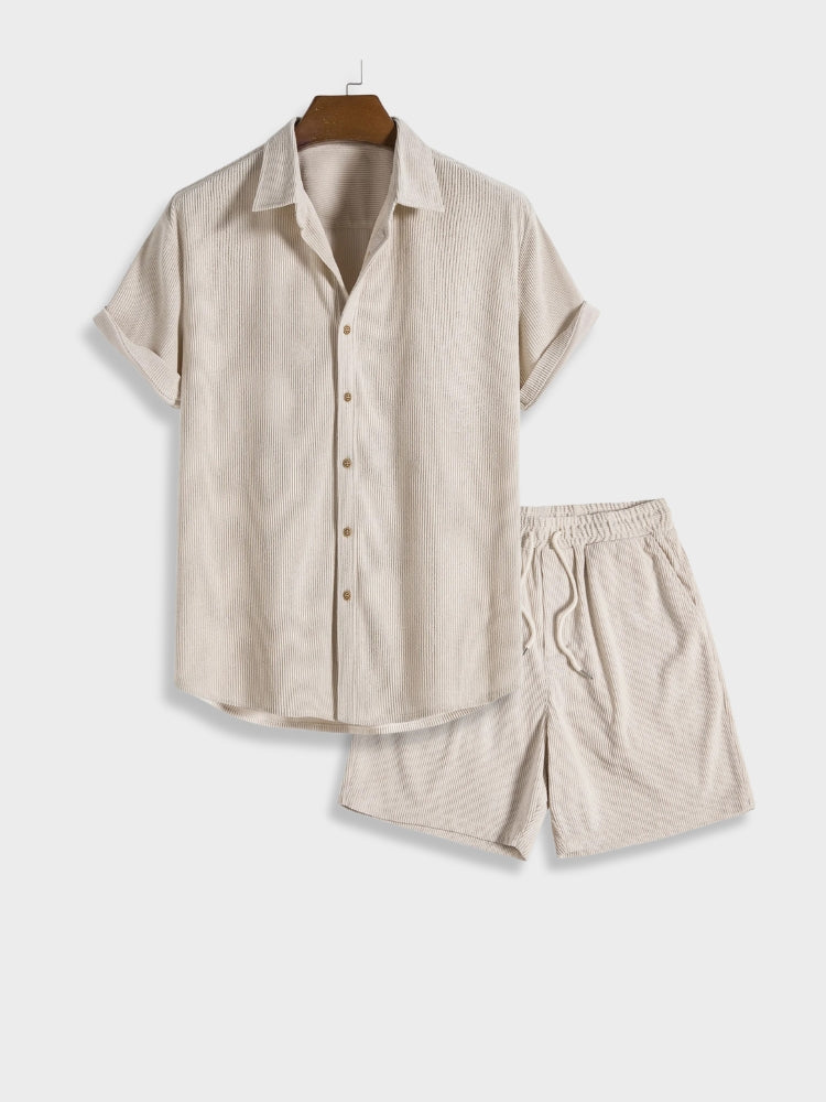 BEIGE LINEN SHIRT AND SHORTS OUTFIT SUMMER SET IN CORDUROY STYLE