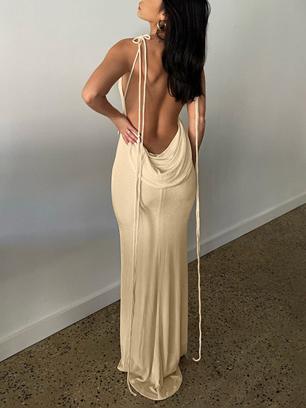 BEIGE MAXI DRESS WITH ADJUSTABLE TIE DESIGN