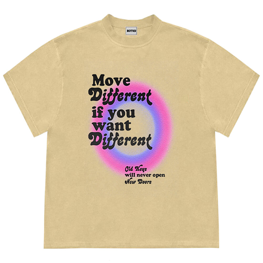 BEIGE MOVE DIFFERENT T-SHIRT FEATURES BOLD BLACK TEXT