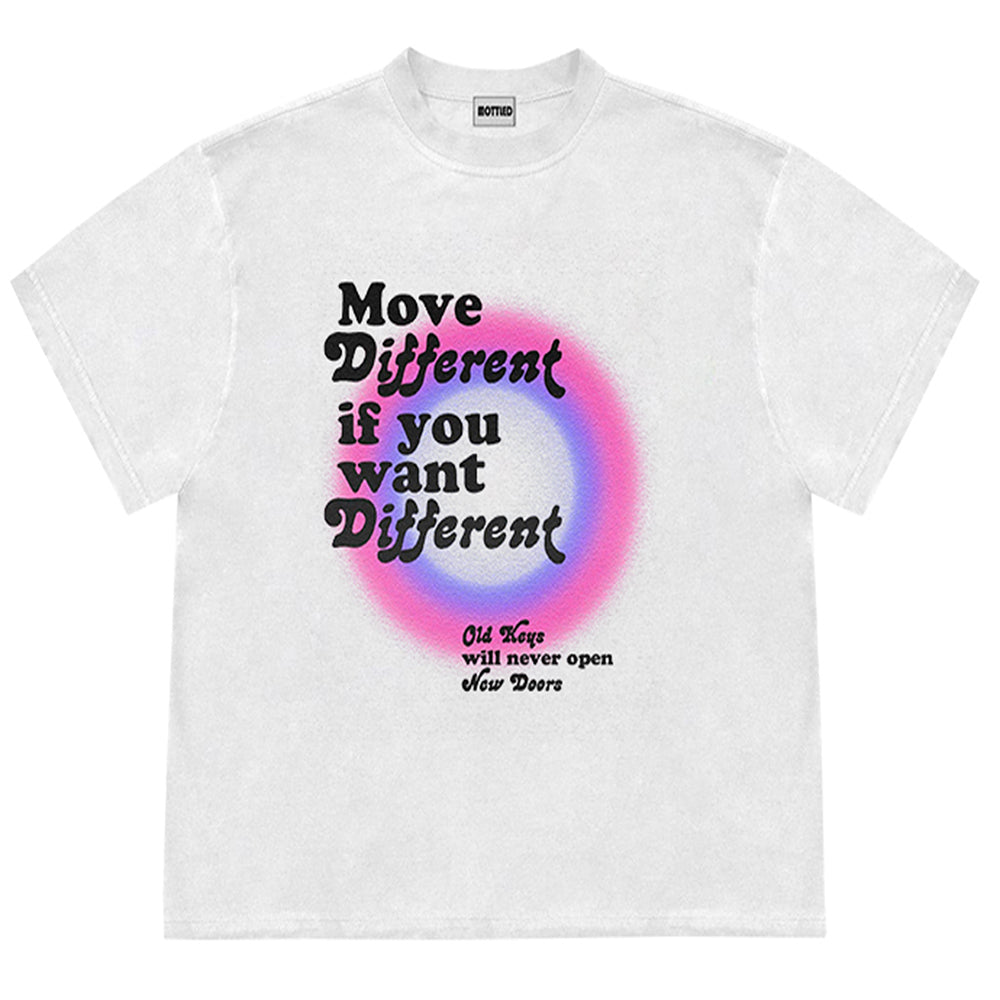 BEIGE MOVE DIFFERENT T-SHIRT FEATURES BOLD BLACK TEXT