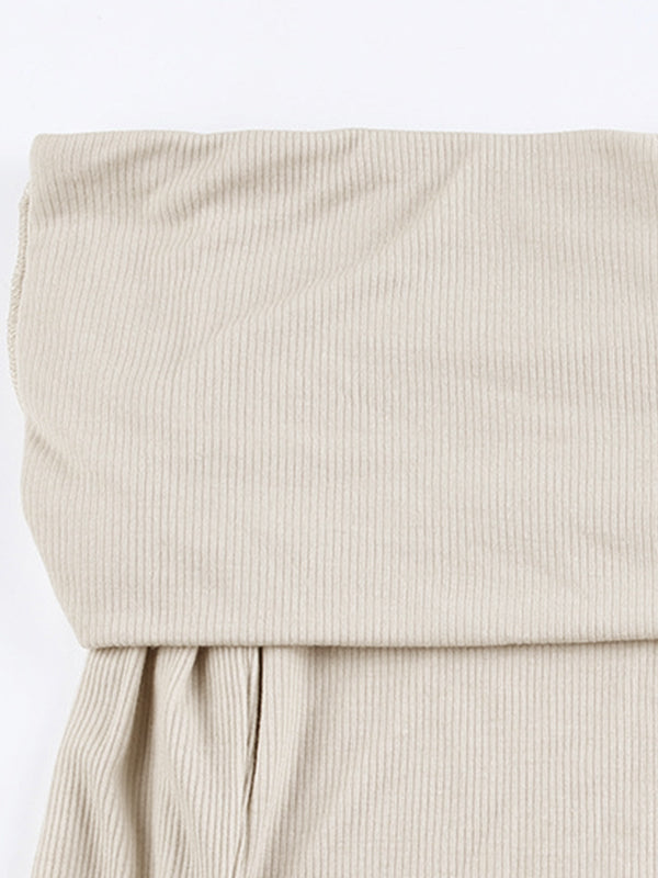 BEIGE OFF-THE-SHOULDER RUCHED TOP SLIM FIT LONG SLEEVE