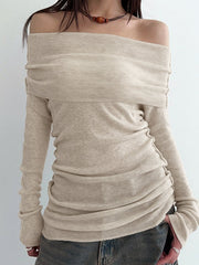 BEIGE OFF-THE-SHOULDER RUCHED TOP SLIM FIT LONG SLEEVE