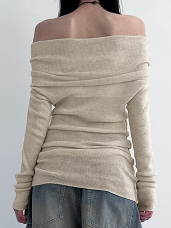 BEIGE OFF-THE-SHOULDER RUCHED TOP SLIM FIT LONG SLEEVE