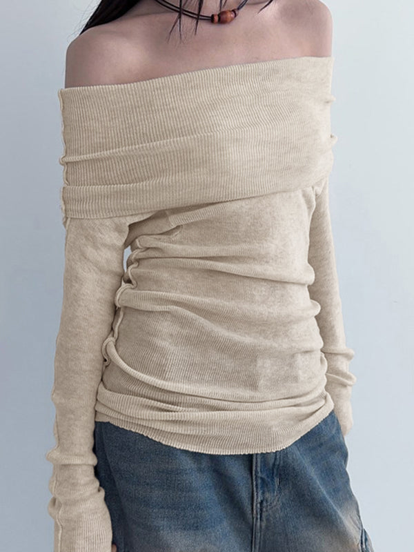 BEIGE OFF-THE-SHOULDER RUCHED TOP SLIM FIT LONG SLEEVE