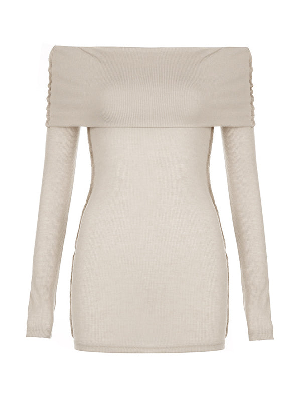 BEIGE OFF-THE-SHOULDER RUCHED TOP SLIM FIT LONG SLEEVE