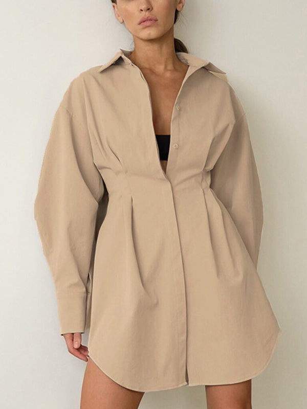 BEIGE OVERSIZED SHIRT DRESS WITH LAPEL NECKLINE AND LOOSE FIT