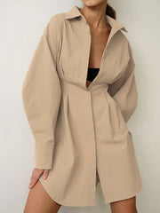 BEIGE OVERSIZED SHIRT DRESS WITH LAPEL NECKLINE AND LOOSE FIT