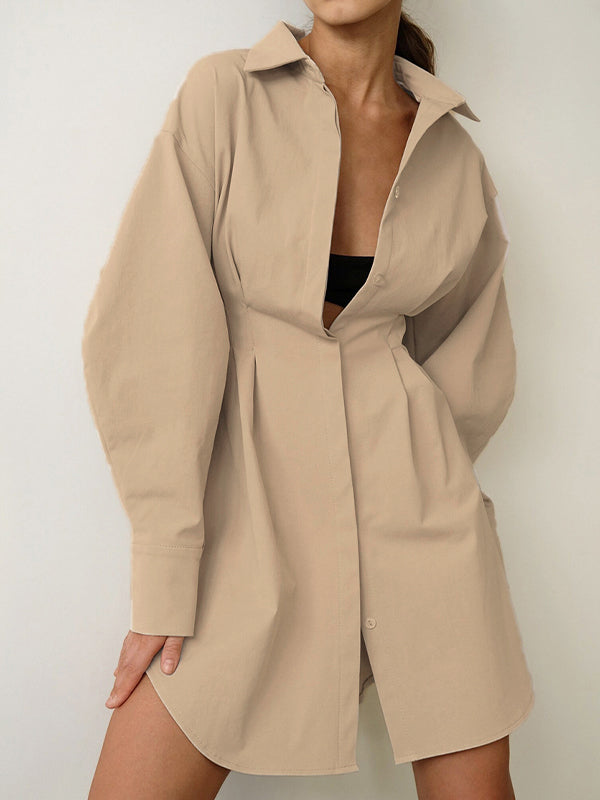 BEIGE OVERSIZED SHIRT DRESS WITH LAPEL NECKLINE AND LOOSE FIT